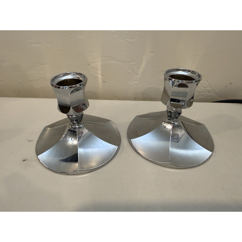 Vintage Irvinware Set of 2 Candlesticks 3" Chrome Silver Colored Made In USA